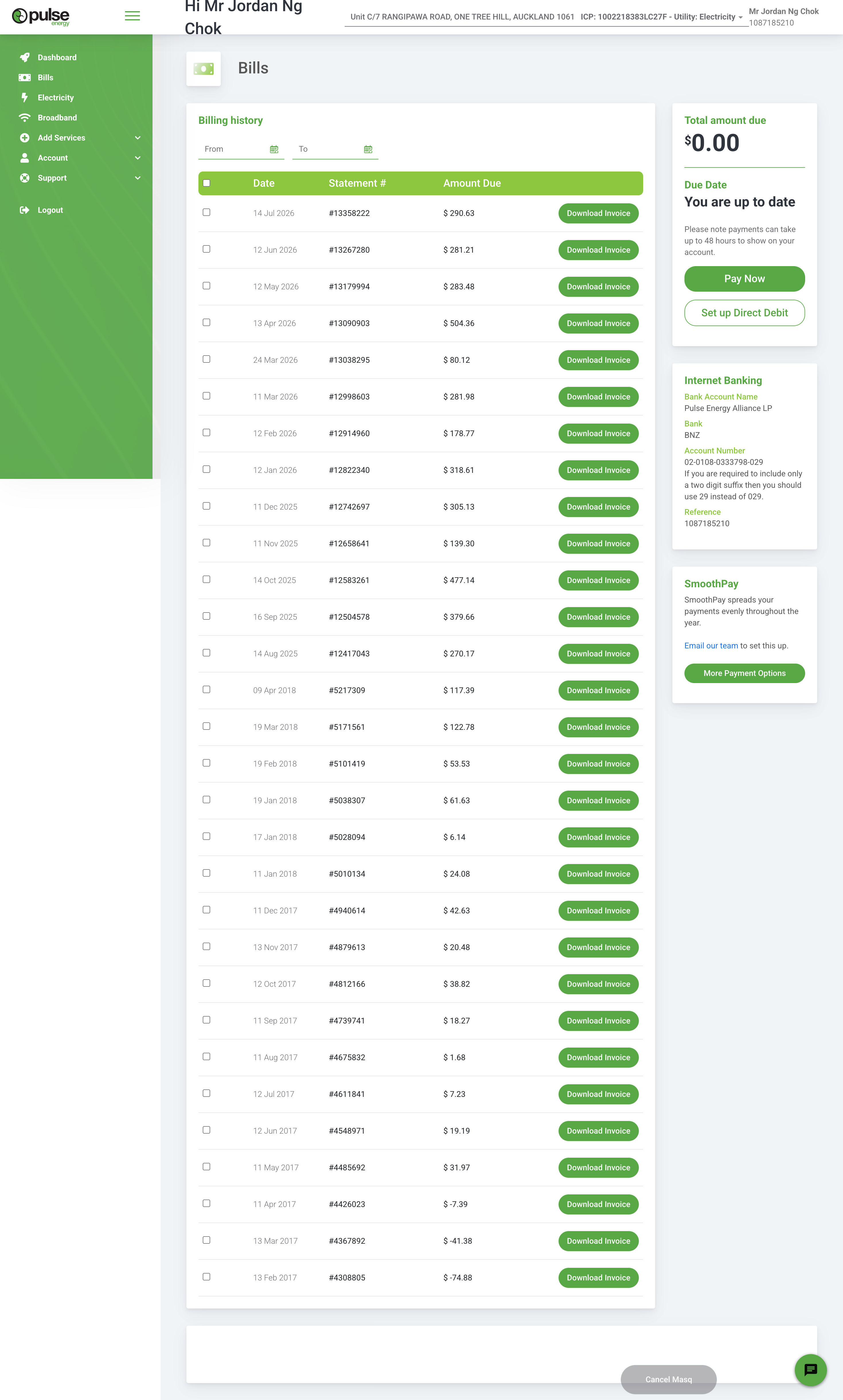 Current Pulse Energy bills screen